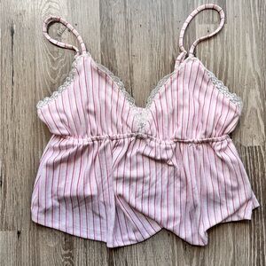 Pink Rose Lace Trim Striped Chemise